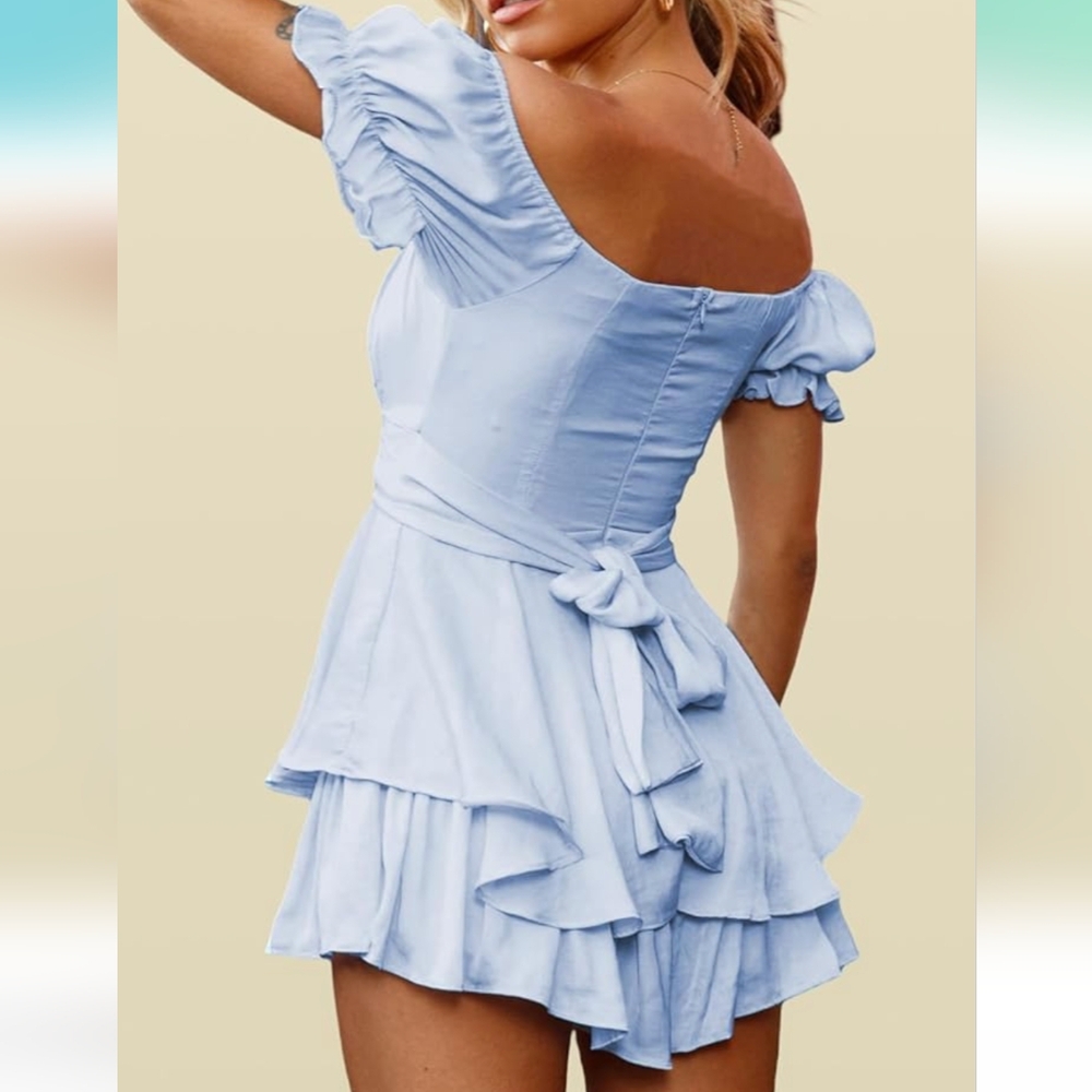 Blue Off The Shoulder Ruffle Romper - Picture 4 of 4